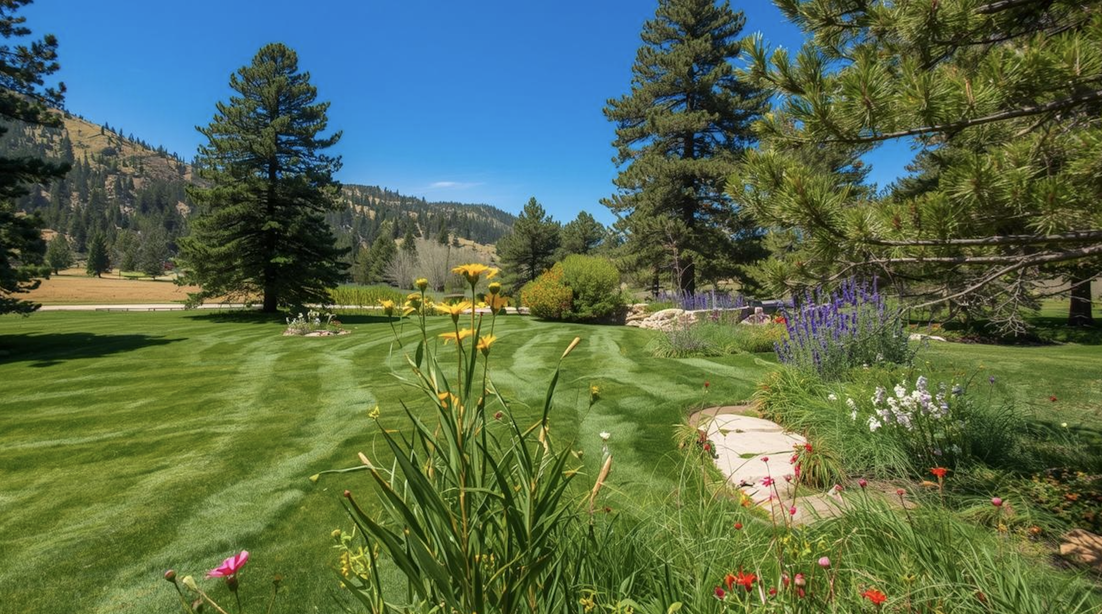 Professional landscaping with manicured lawn and garden beds